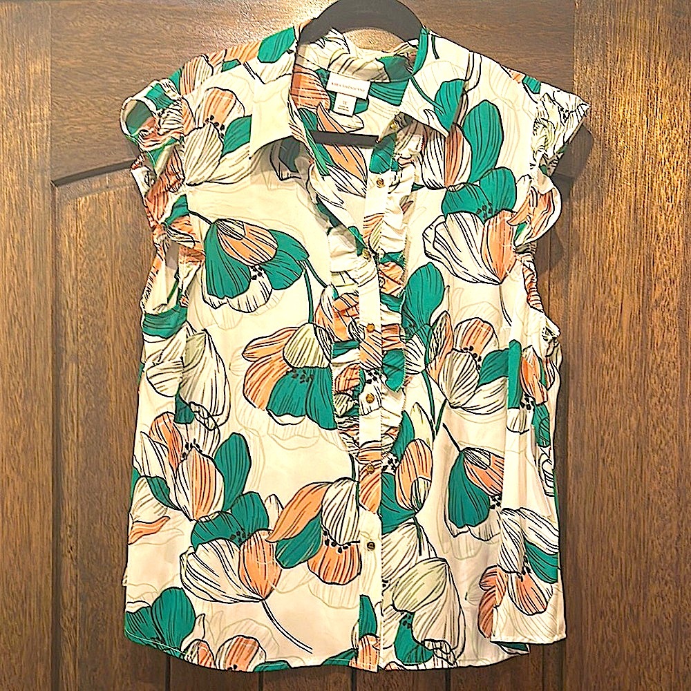 Green and Orange Ruffled Notched Collar Blouse